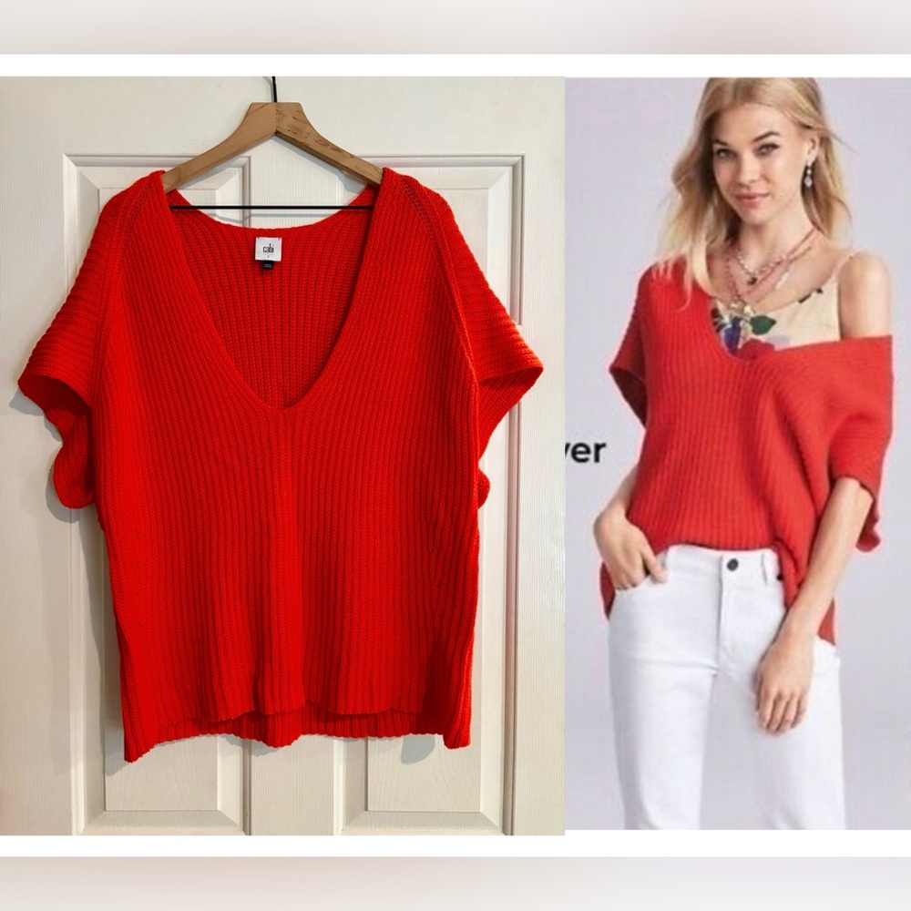 CAbi Oversized Knit Ruby Pullover Short Sleeve Sweater | Red / Orange | S